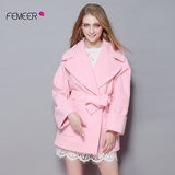 2015秋冬新款 欧美宽松甜美粉色大翻领羊毛呢外套中长款女大衣