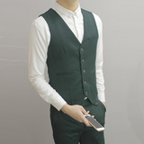 日系韩版男士复古木扣英伦风商务休闲纯色修身墨绿色西装马甲背心