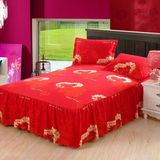 结婚庆大红色单件床裙床笠床罩床单床套1.2 1.5m 1.8 2米三四件套