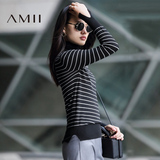 Amii[极简主义]2016秋冬新款修身显瘦高领开叉条纹撞色套头毛衣女