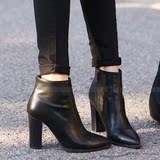 韩国代购2016新款尖头拉链粗跟高跟靴马丁靴短靴裸靴短筒靴女靴子