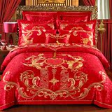 件/刺绣纯棉被套床上用品贡缎婚庆床品结婚红色正品床裙四件套