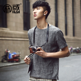 夏季新款男士短袖T恤韩版修身型棉麻T桖纯色圆领潮男装亚麻体恤衫