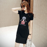 韩版新款女装中长款修身打底衫印花短袖T恤女连衣裙体恤卡通上衣