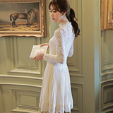 2016韩版秋冬女装小香中长款百褶拼接雪纺长袖OL白色蕾丝连衣裙