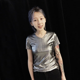 2016韩版夏季女装新款原宿街头朋克风简约亮面V领短袖修身T恤潮