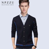 NPZZU男士修身保暖衬衫V领针织衫假两件套头加绒加厚打底冬毛线衣