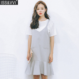 夏季韩版学生宽松条纹鱼尾荷叶边背带裙两件套+T恤套装连衣裙中裙
