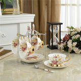 欧式餐饮用具骨瓷杯子金边带花图案陶瓷咖啡杯碟4套装配勺送杯架
