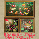 九鱼图荷花手绘画竖版欧美中式现代客厅装饰挂画风水锦鲤鱼油画U1