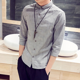 夏季韩版男士亚麻白短袖衬衫修身寸衣七分袖衬衣休闲棉麻半袖寸衫