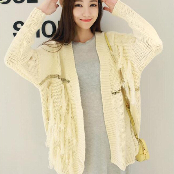 秋冬韩版大码宽松金属链拼接立体流苏镂空针织开衫中长款毛衣外套