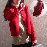 2016新款外套双面羊绒大衣女短款休闲棒球服羊毛呢拉链开衫红