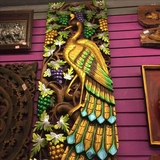 泰国孔雀木雕挂画雕花板柚木工艺品实木镂空复古手工彩绘装饰挂件
