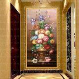 欧式纯手绘客厅玄关油画牡丹花卉装饰画竖版单幅壁画挂画花开富贵