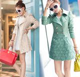 香港IT代购2015韩国秋冬季新款时尚修身蕾丝拼接中长款风衣外套女