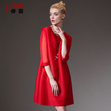 HITORAT卓图女装时尚中袖红色裙装2016春夏装新款五分袖连衣裙