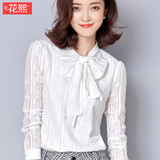 白色雪纺衫2016春装新款韩版女装长袖蝴蝶结蕾丝雪纺衬衫上衣小衫