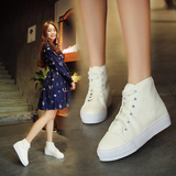 明星同款2016韩版女鞋子圆头坡跟松糕厚底小白鞋镂空高帮运动板鞋