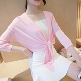 2016夏季新款韩版女装 单件V领系带薄款七分袖纯色超短修身棉外套