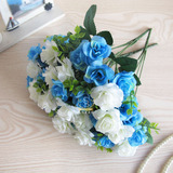 春色澳斯叮玫瑰仿真花束 假花蓝色装饰摆件 客厅饰品简约现代绢花
