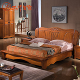 玉平美家 现代中式金丝柚木全实木1.8米双人床 实木雕刻婚床802床