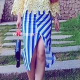 苏西韩国代购高腰条纹半身裙一步裙中长款包臀裙及膝开叉打底裙