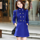 女呢子潮流新款纯色拼接立领修身蓝色常规红色中长款长袖韩式外套