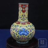 景德镇陶瓷花瓶摆件名人名家手绘仿古粉彩珐琅彩黄色天球瓶小花瓶