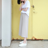 LILI|韩国风 简约纯色 chic休闲阔筒口袋 暗纹竖线 八分阔腿裤