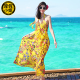 度假小姐女夏2016新款黄色沙滩裙露背挂脖长裙性感泰国印花连衣裙