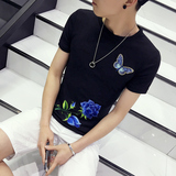 潮男社会精神小伙夏季新款超修身短袖T恤男青少年韩版黑色T恤衫潮