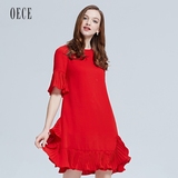【F】Oece2016夏装新款女装 复古喇叭袖不规则雪纺连衣裙夏女