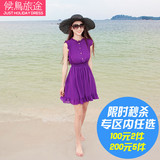 高端定制波西米亚夏季渡假短裙纯色海边圆领沙滩裙短款修身连衣裙