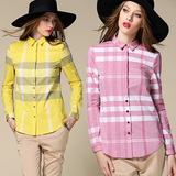 英伦 品牌正品 春秋季长袖格子修身衬衣 衬衫粉色纯棉 女装上衣