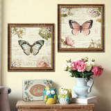油画客厅装饰画手绘欧式花卉美式餐厅卧室有框画花鸟田园双联蝴蝶