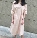 韩国代购夏季新款小清新藕粉色短袖收腰系带连衣裙百搭宽松休闲裙