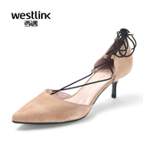 Westlink/西遇2016春季新款 尖头浅口绑带女鞋细高跟鞋真皮空鞋