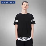 lilbetter男士短袖 时尚条纹字母圆领汗衫拼接纯棉青少年潮牌t恤