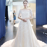 一字肩婚纱礼服2016新款韩式简约公主蕾丝白色中袖长拖尾修身显瘦
