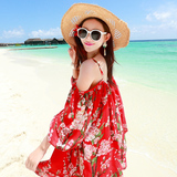 马尔代夫夏女印花雪纺甜美露肩吊带娃娃裙波西米亚短裙海边沙滩裙