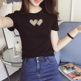 2016夏季新品韩版时尚短款女生小衫镂空爱心圆领T恤女修身短袖