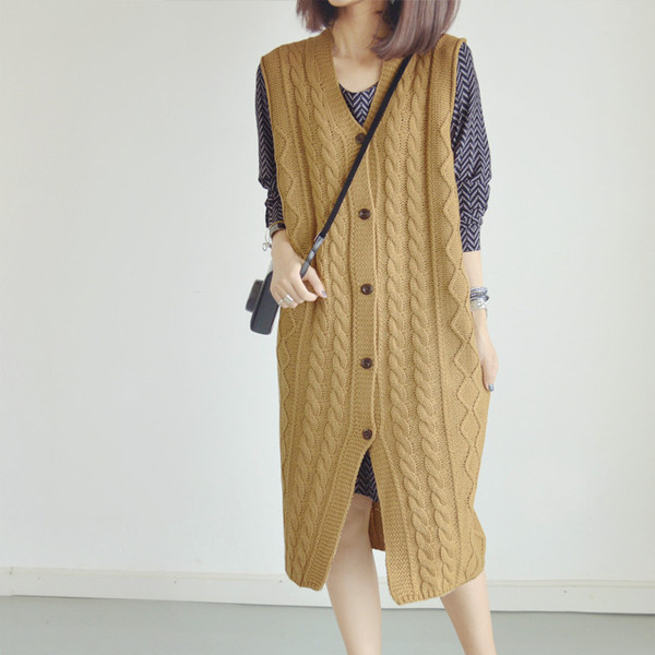 新款无袖毛衣 中长款v领马甲 宽松显瘦气质森女系毛线