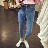 2016夏季新款韩版个性百搭气质高腰宽松修身牛仔裤蓝色直筒裤潮女