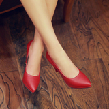 欧美15春季新款尖头高跟单鞋细跟性感软面休闲女鞋防水台红色婚鞋