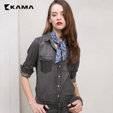 卡玛KAMA 秋冬新款女装时尚撞色修身显瘦牛仔衬衫 7315850