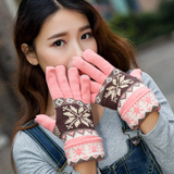 女士手套女冬韩版可爱冬季加厚保暖手套雪花学生分指五指毛线手套