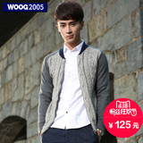 WOOG2005韩版男士毛衣2016春装羊毛衫青年外套 灰色拼接针织男