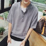 港仔夏季新款青年亚麻中袖衬衫小清新男士韩版修身套头纯色衬衣潮