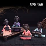紫砂人物茶宠精品茶盘摆件茶玩陶瓷仕女琴棋书画茶具个性配件饰品